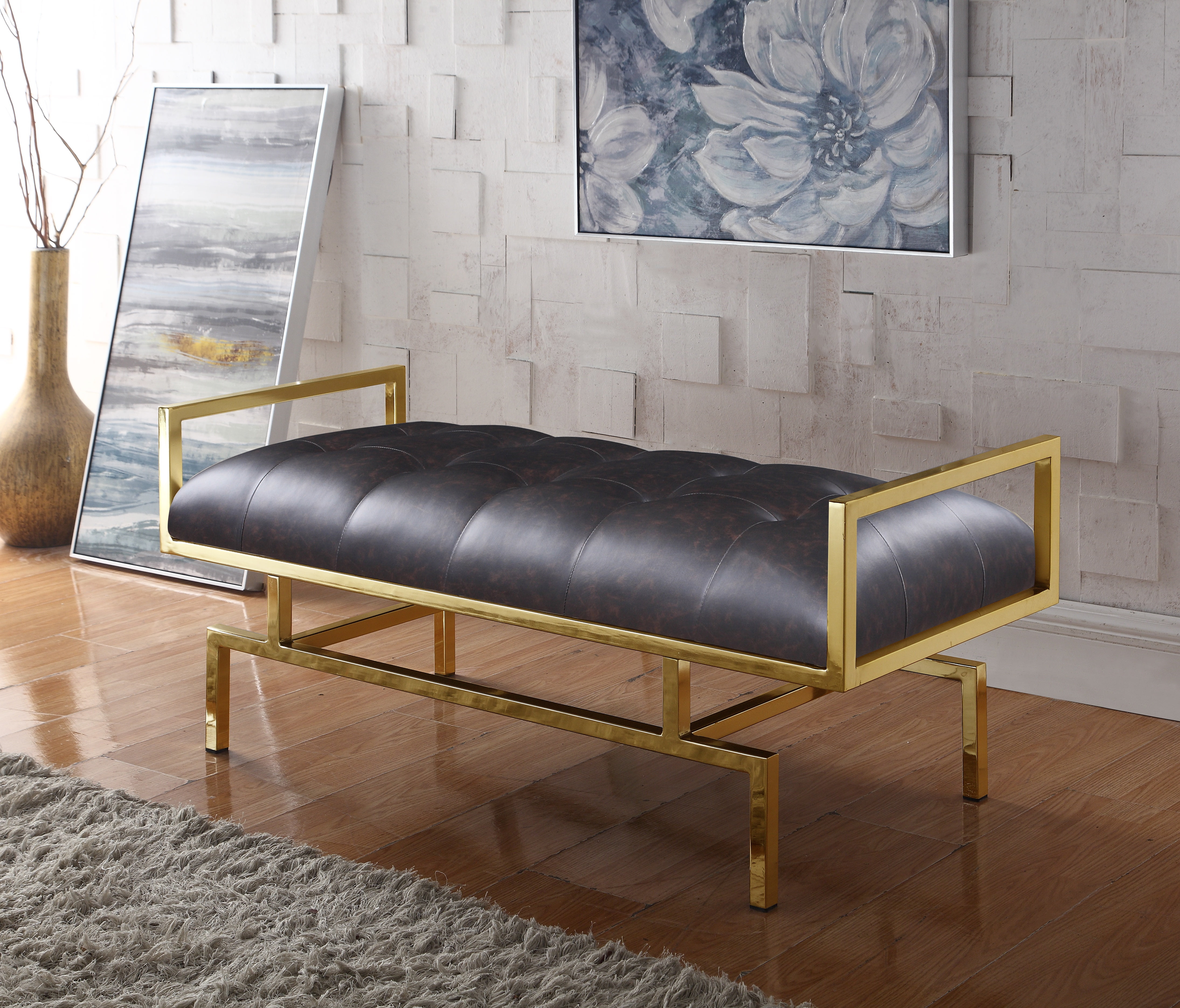 Picture of Luxury Bedding FBH2637 Contemporary Tufted Seating Goldtone Metal Leg Bench&#44; Brown