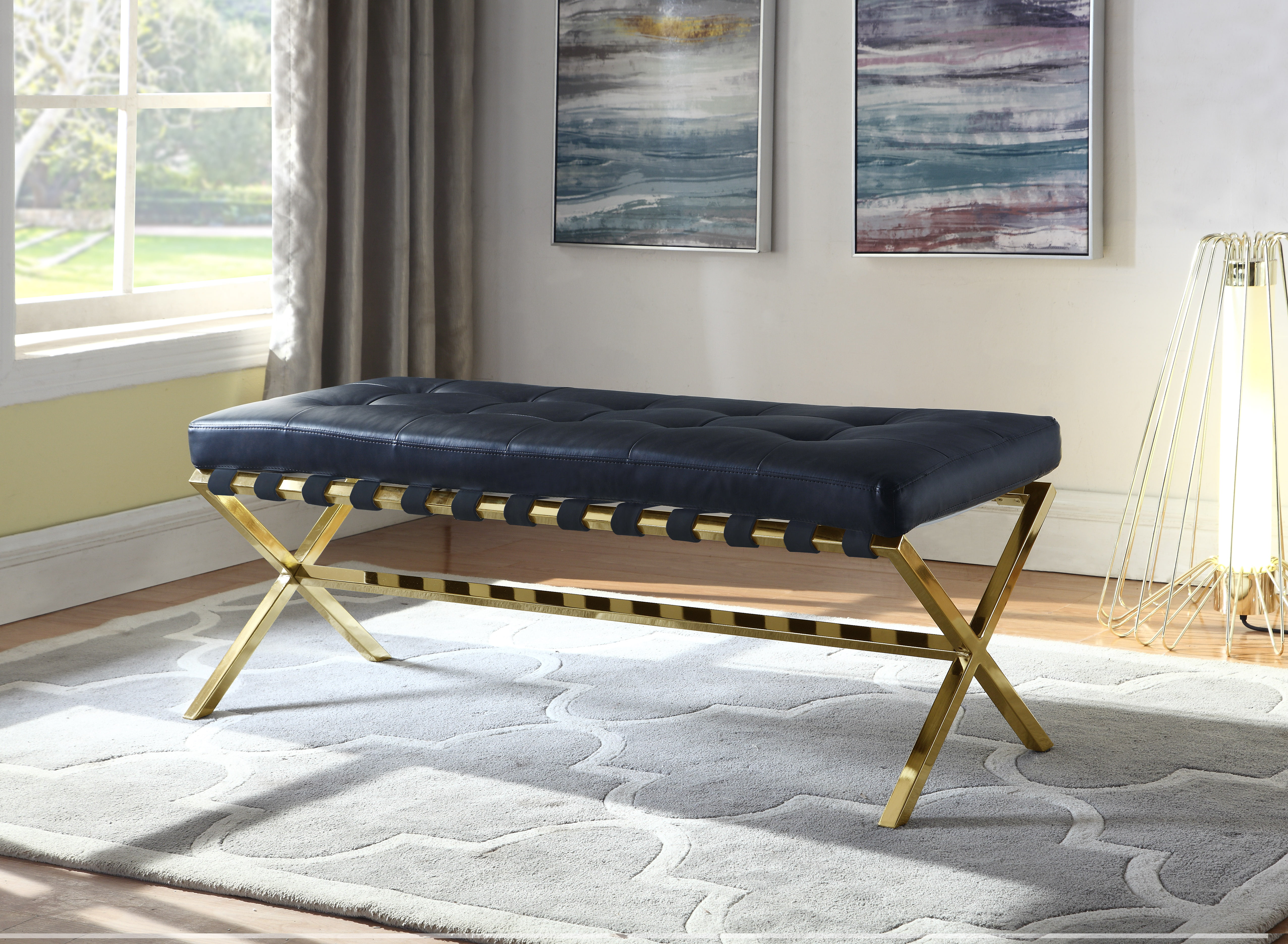 Picture of Luxury Bedding FBH2631 Chic Home Perez PU Leather Modern Contemporary Tufted Seating Goldtone Metal Leg Bench - Black