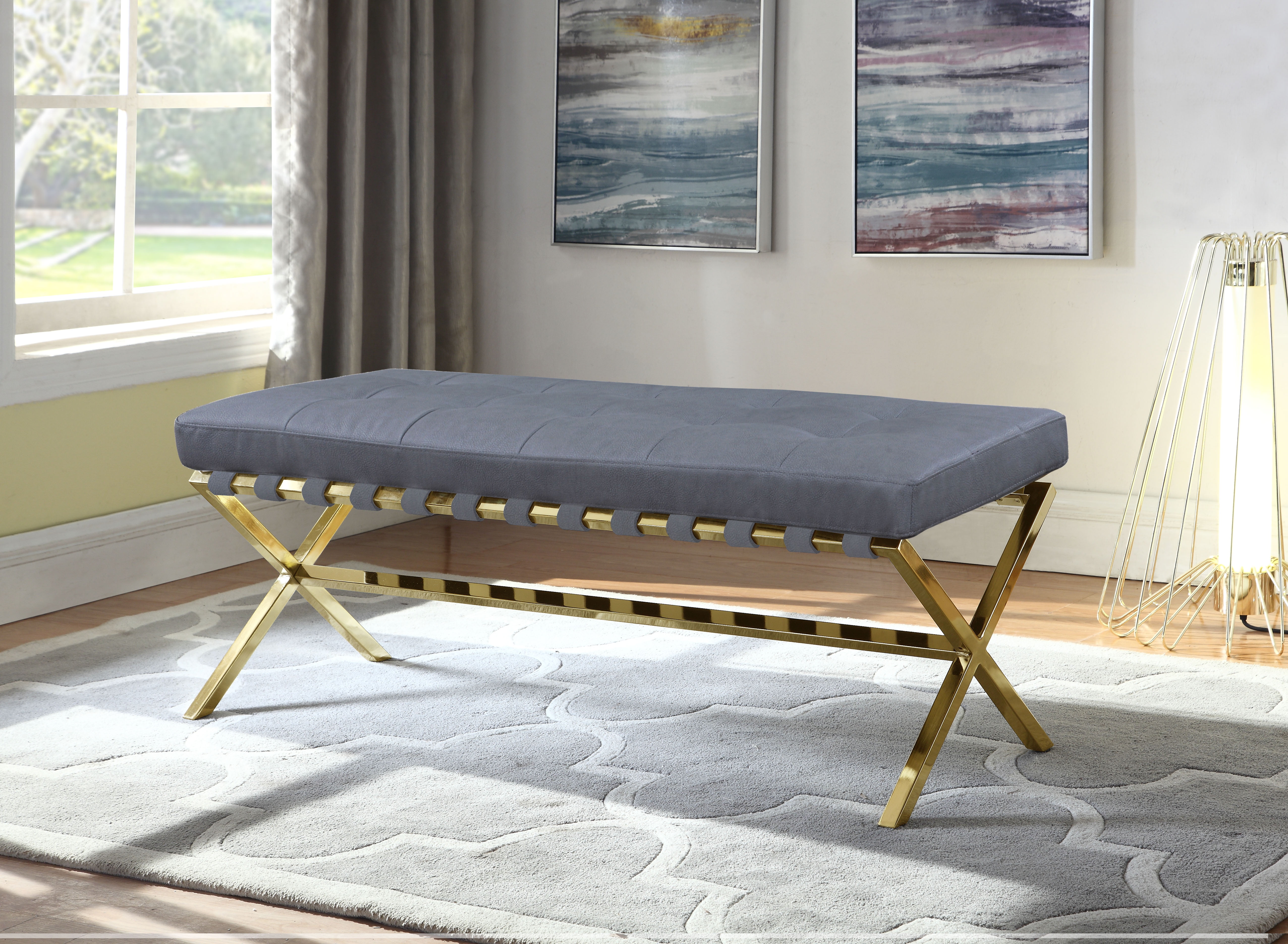Picture of Luxury Bedding FBH2632 Chic Home Perez PU Leather Modern Contemporary Tufted Seating Goldtone Metal Leg Bench - Grey