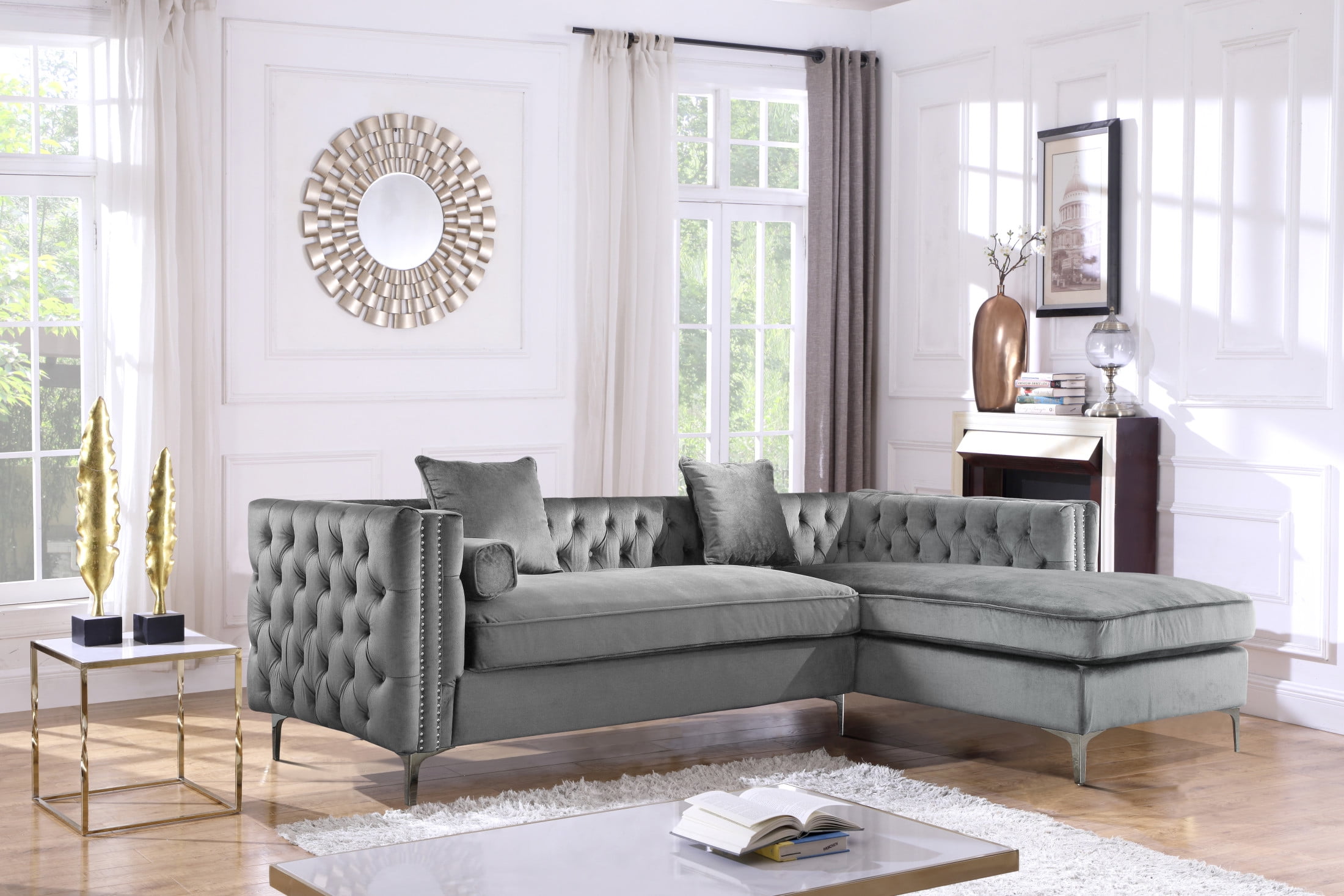Picture of Chic Home FSA2580 Monet Velvet Modern Contemporary Button Tufted with Silver Nailhead Trim Silvertone Metal Y-Leg Left Facing Sectional Sofa&#44; Grey