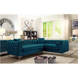 Picture of Chic Home FSA2589-US Susan Right Hand Facing Sectional Sofa L Shape Velvet Button Tufted with Silver Nail Head Trim Silvertone Metal Y-Leg with 3 Accent Pillows Modern Contemporary, Teal