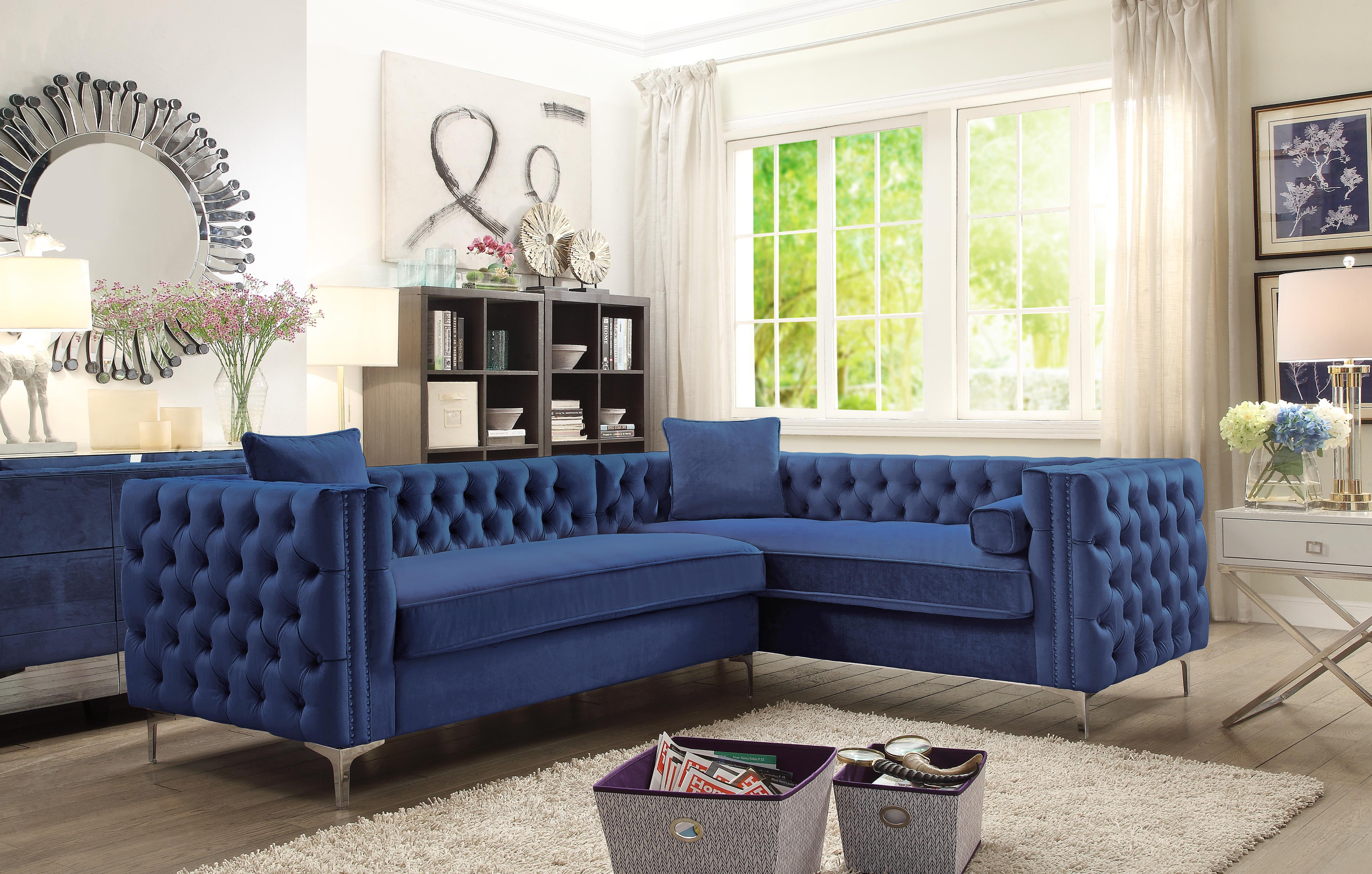 Picture of Chic Home FSA2848-US Susan Right Hand Facing Sectional Sofa L Shape Velvet Button Tufted with Silver Nail Head Trim Silvertone Metal Y-Leg with 3 Accent Pillows Modern Contemporary&#44; Navy
