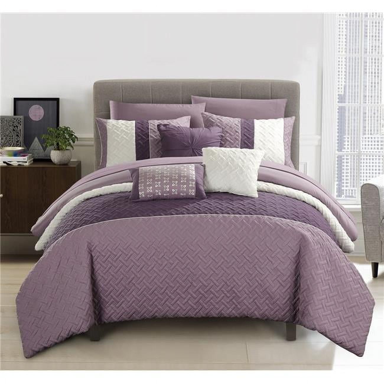 Chic Home CS8135-US 10 Piece Lior Quilted Embroidered Design Bedding Comforter Set, Plum