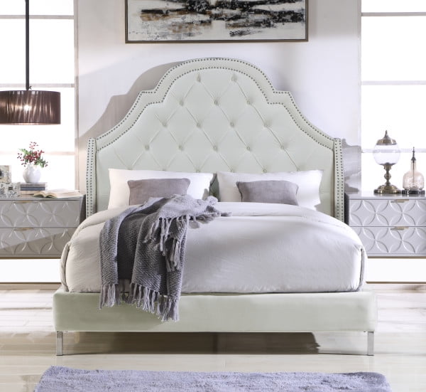 Picture of Chic Home FBD9154-US Constantine Bed Frame with Wingback Headboard Velvet Upholstered Button Tufted Silver Nail Head Trim Stainless Steel Metal Legs, Cream White - Queen