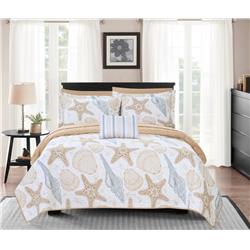 Picture of   Mellow 8 Piece Reversible Quilt Coverlet Set Life in the SeaTheme Embossed Quilted Design Bed in a Bag - Sheet Set Pillowcases Decorative Pillow Shams Included&#44; King - Tan&#44; Blue & White