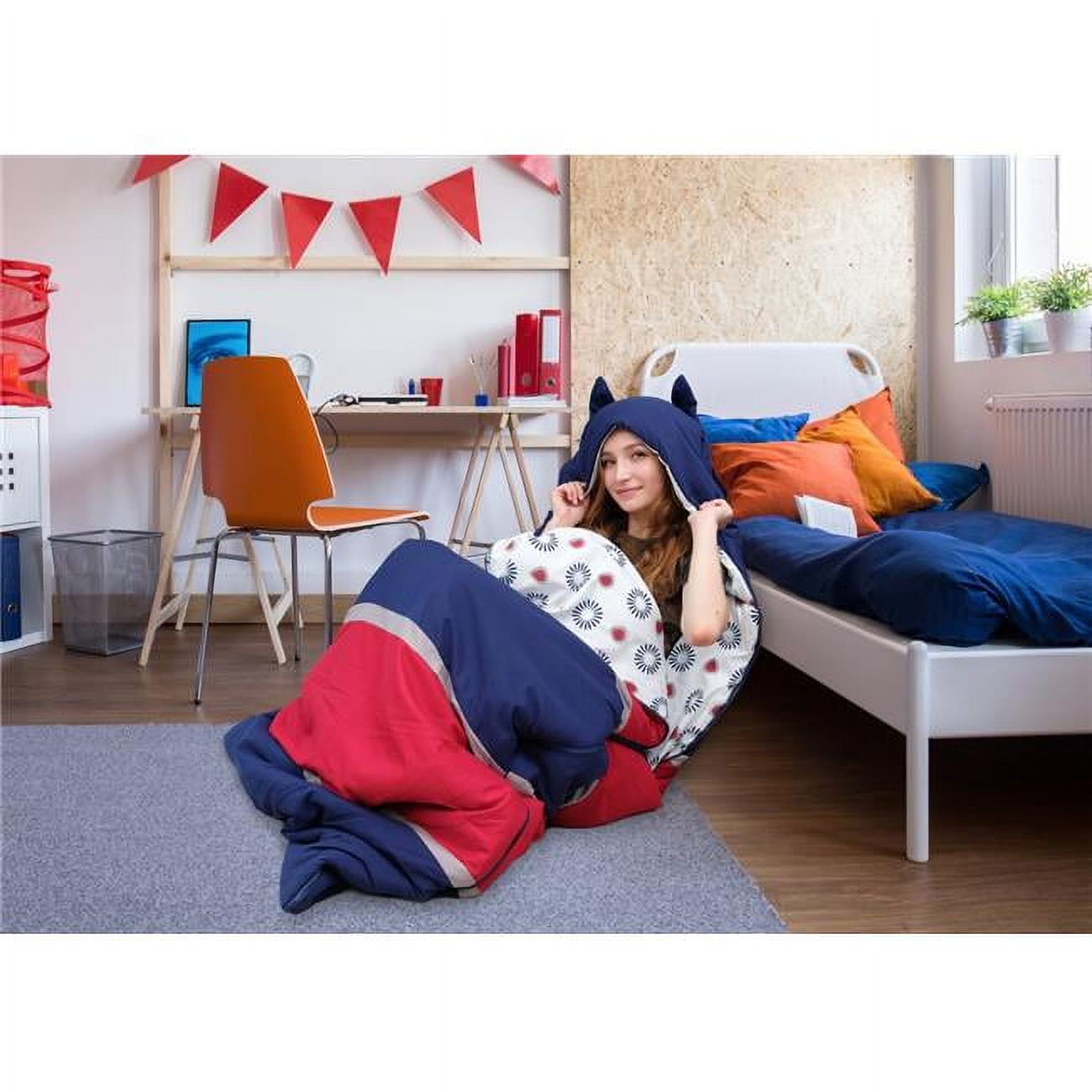 Picture of Chic Home BBG18007-US Dorne Sleeping Bag with Cat Ear Hood Two Tone Design - Navy&#44; Red & White