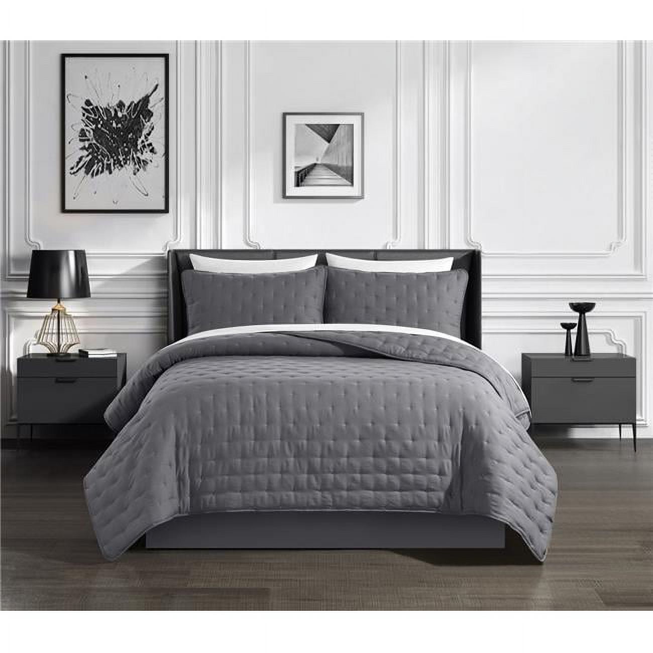 Picture of Chic Home BQS19301-BIB-US Kaceyn 7 Piece Quilt Set with Tufted Cross Stitched Design Bed in A Bag - Sheet Set Pillow Shams&#44; Grey - King Size