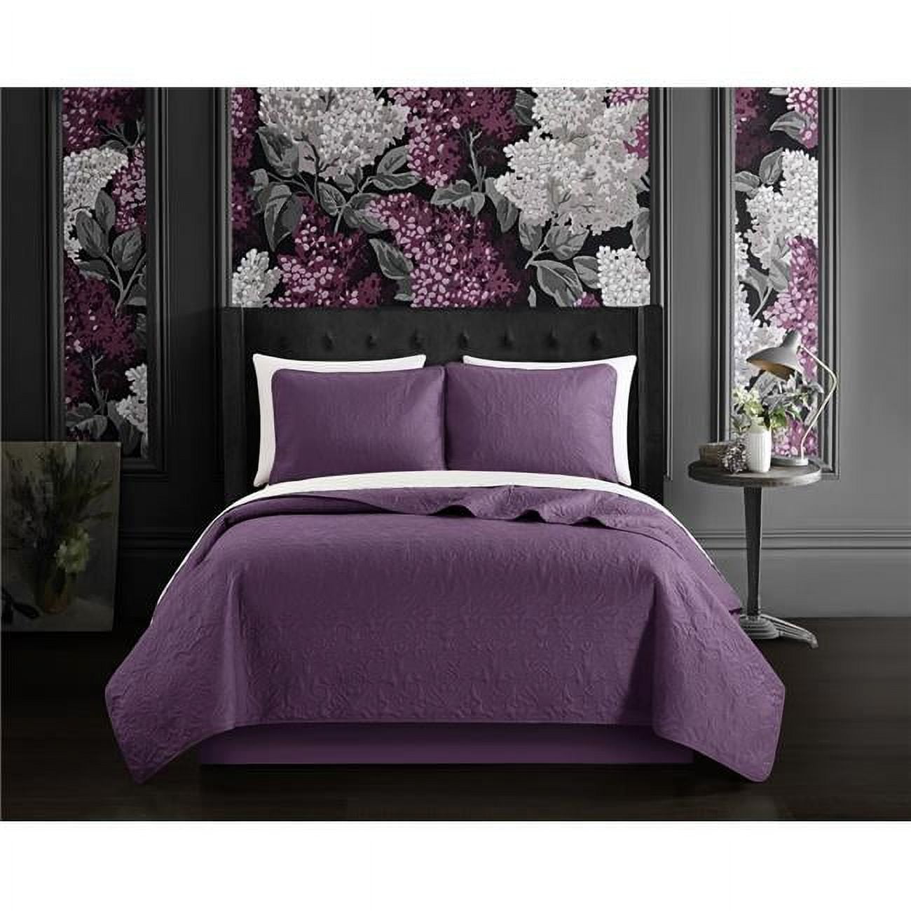Picture of Chic Home BQS20314-US Leya 3 Piece Quilt Set with Floral Scroll Pattern Design Bedding - Pillow Shams&#44; Purple - King