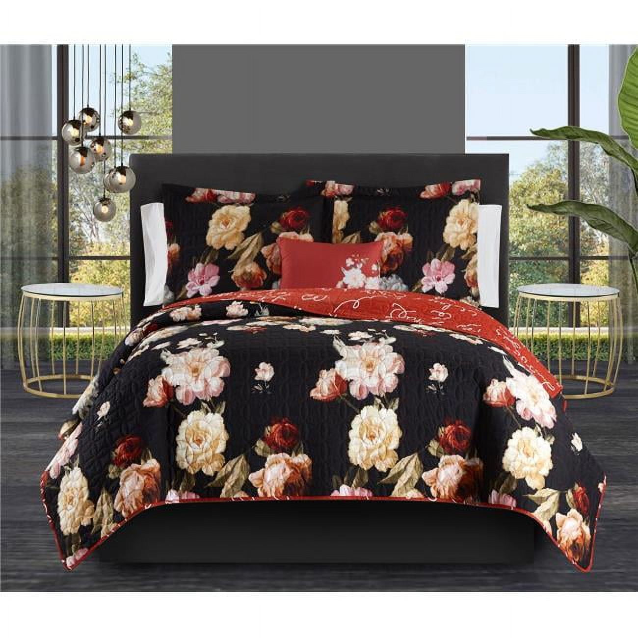 Picture of Chic Home BQS16577-BIB-US Eulalia 8 Piece Reversible Quilt Set for Floral Print Cursive Script Design Bed in a Bag - Sheet Set Decorative Pillow Shams Included&#44; King Size
