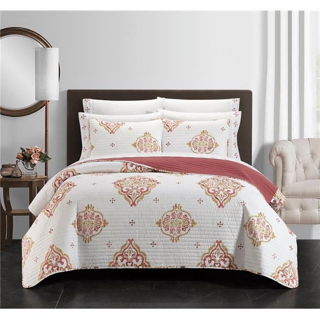 BQS23674-US 9 Piece Bugatti Quilt Set - Coral, Gold & White - Full Size -  Chic Home