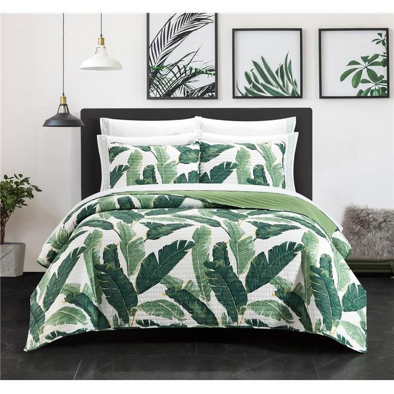 Picture of Chic Home BQS23834-US Dos Palmas Stitched Palm Tree Print Bed in A Bag Quilt Set&#44; Green - Queen Size - 9 Piece