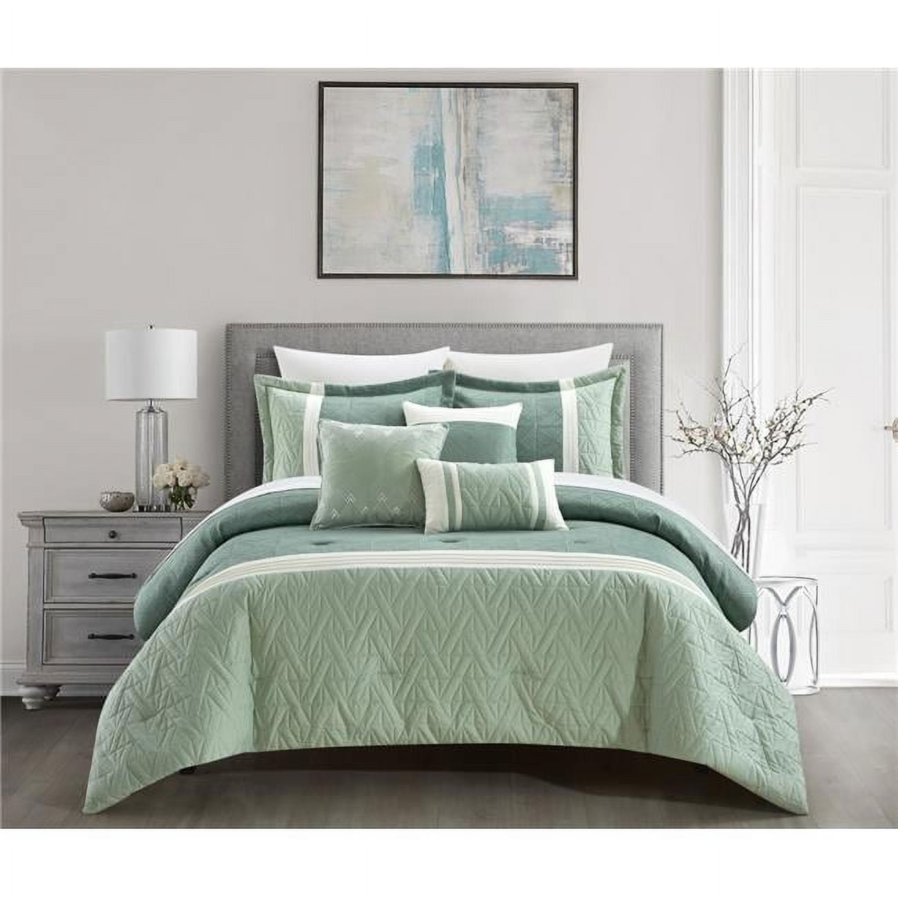 BCS24701-BIB-US Maci Jacquard Woven Geometric Design Pleated Quilted Details Bed in A Bag Bedding Comforter Set, Green - King Size - 10 Piece -  Chic Home