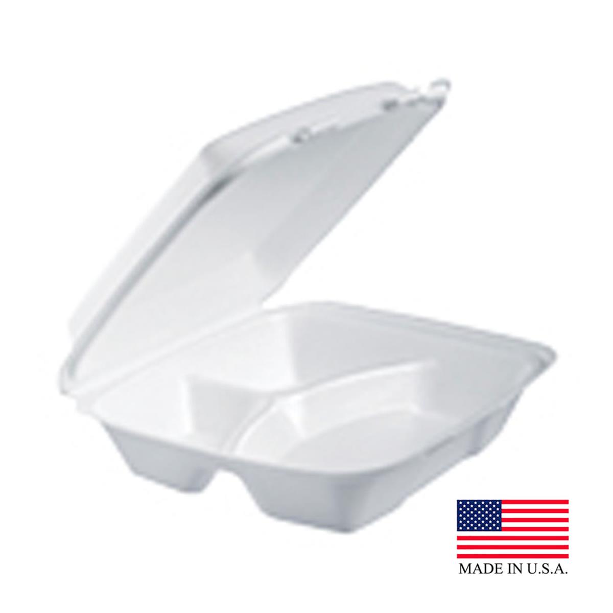 Picture of Dart 90HT3R PEC 9 in. White 3 Compartment Hinged Foam Container - Pack of 200