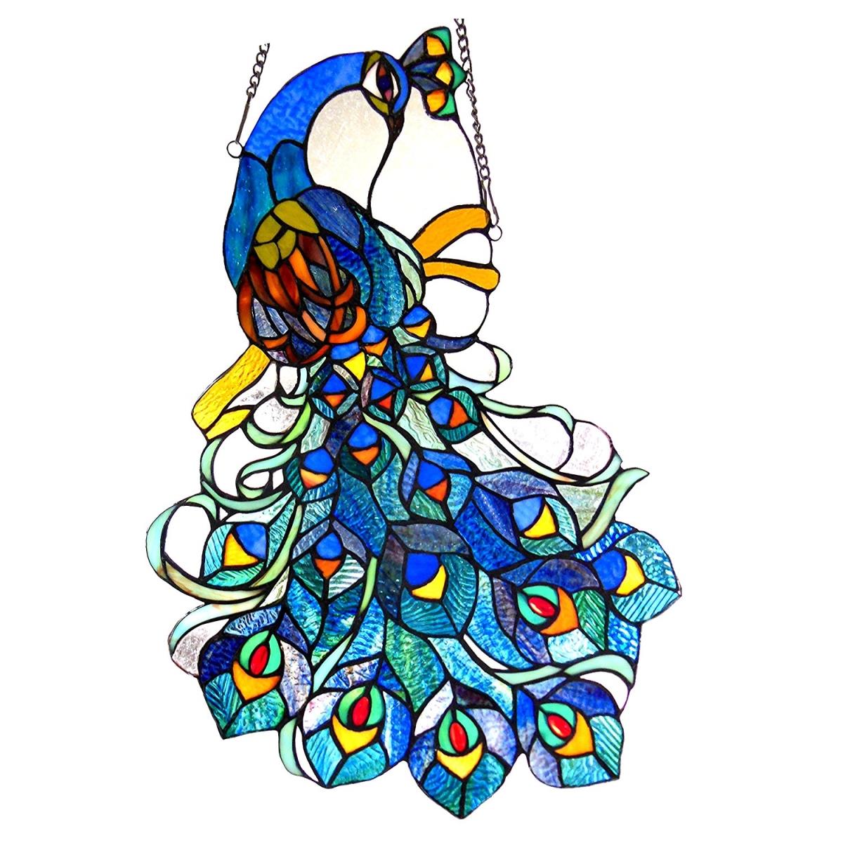 Picture of Chloe Lighting CH1P670RP25-GPN Glory Tiffany-Glass Peacock Window Panel - 25 in.