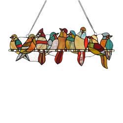 Tiffany-Style Birds on a Vine Window Panel - Multi Color - 25 x 10 in. - Handcrafted Art Glass