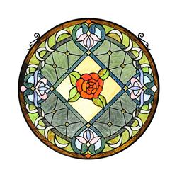 CH8P025RV25-RND 25 in. Blue Iris Floral Tiffany-Style Stained Glass Verical Hanging Window Panel, Multi Color