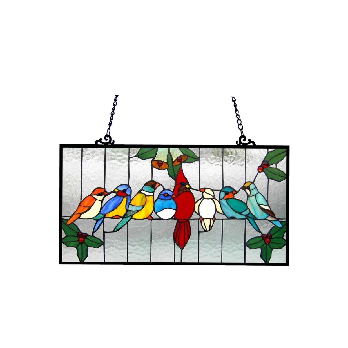 Picture of Chloe CH1P150RA25-GPN 24.5 x 12.5 in. Lighting Aves Tiffany Glass Gathering Birds Window Panel - Antique Brass
