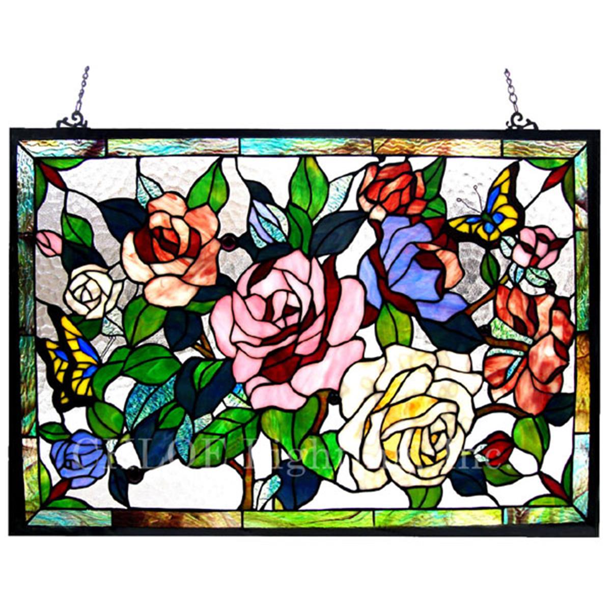 Picture of Chloe CH1P489GF27-GPN 27 x 19 in. Lighting Tiffany Glass Featuring Roses & Butterflies Window Panel