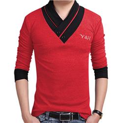 Picture of 212 Main PBY-01L1PEZX-US Yong Horse Men Slim Fit Button V-Neck Casual Long Sleeve T Shirts Fall Tops, Red Plus Black - 2XL