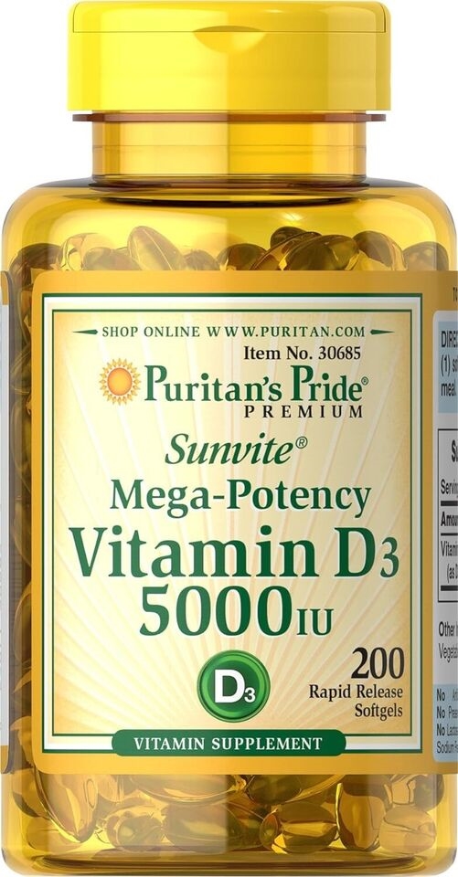 NOT APPLICABLE VITAMIN D3 Mega Potency PURITANS PRIDE 5000 IU Immune Supplement 200 Softgels