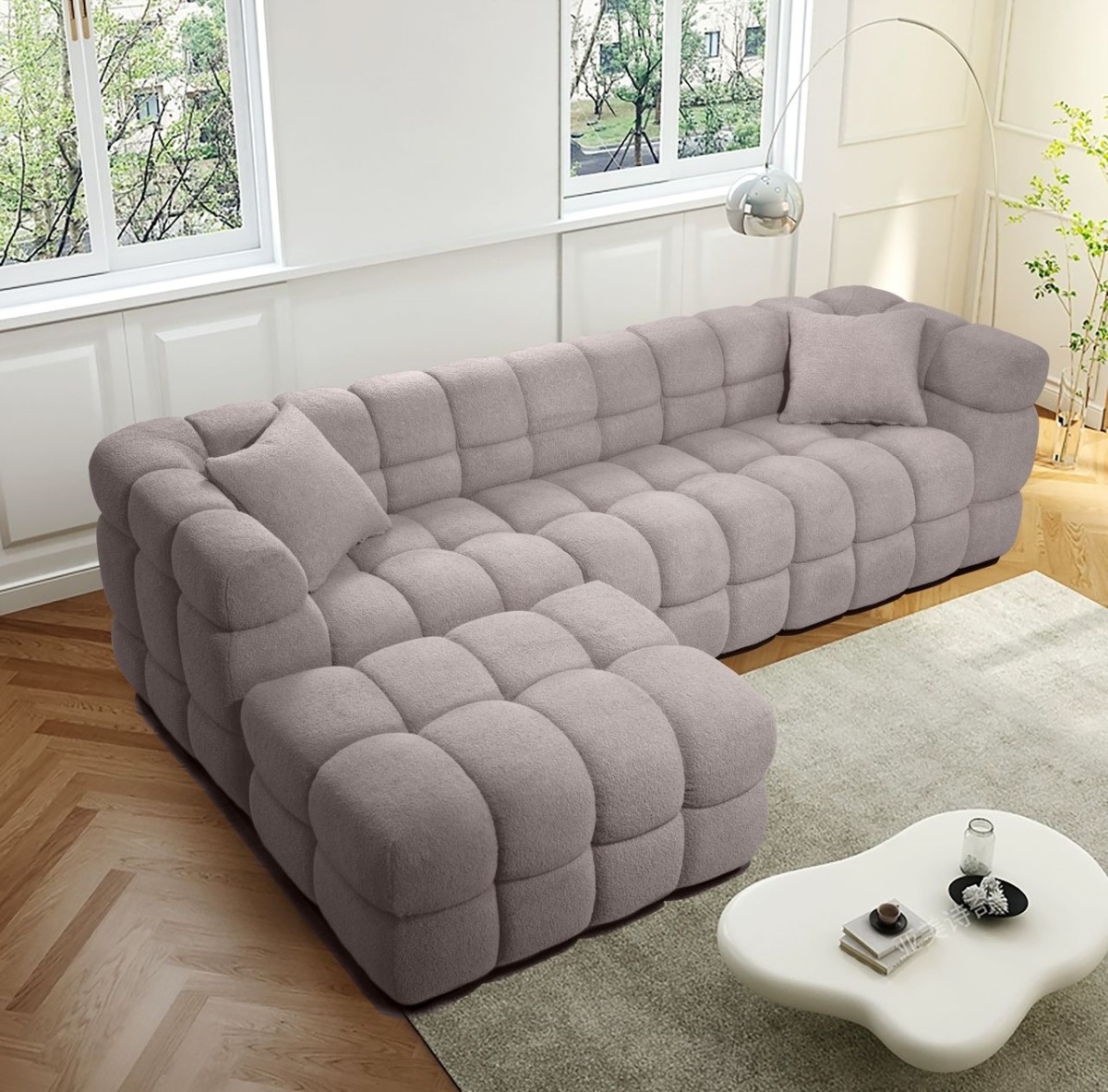 2303-LG Teddy Boucle 107 in. Shaped Convertible & Reversible Sectional Sofa, Light Gray