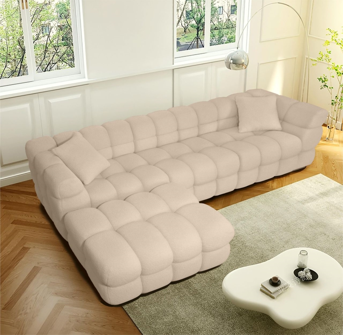 2303-LN Teddy Boucle 107 in. Shaped Convertible & Reversible Sectional Sofa, Linen