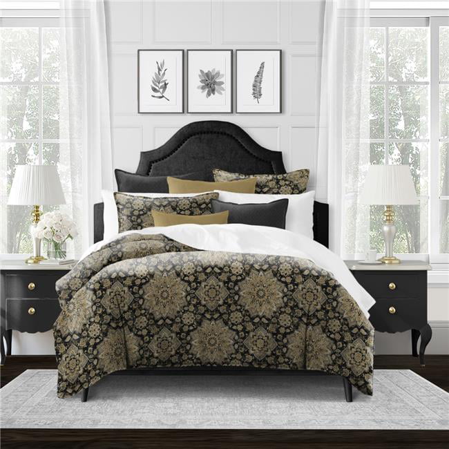 Picture of 6ix Tailors TAB-ONY-CVT-SQ-5PC Square Tabriz Onyx Super Queen Size Coverlet & 2 Pillow Shams Set - 5 Piece