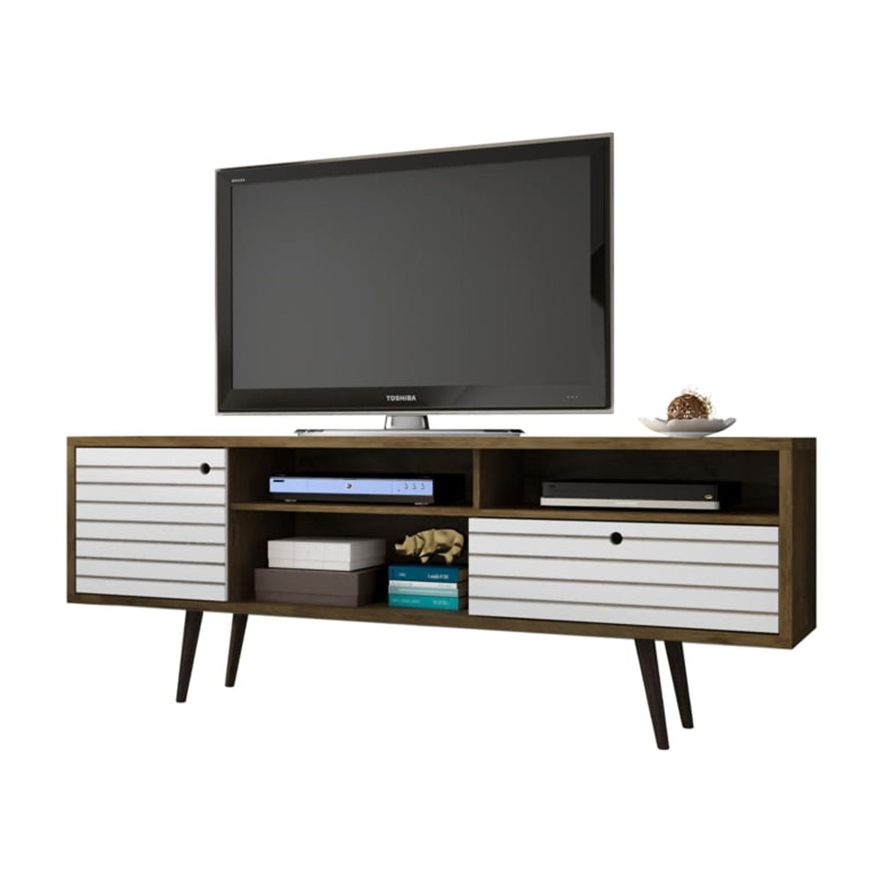 Liberty 70.86 in. Mid Century - Modern TV Stand with Solid Wood Leg 4 Shelving Spaces & 1 Drawer in Rustic Brown & White
