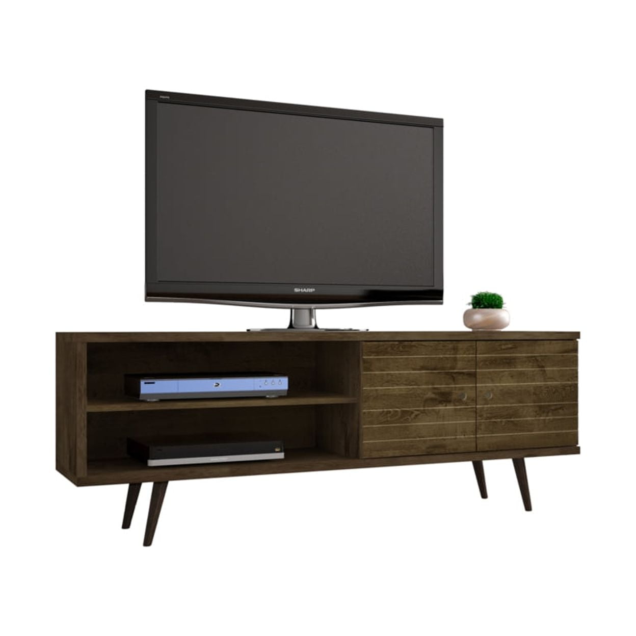 Liberty 62.99 in. Mid Century - Modern TV Stand with Solid Wood Leg 3 Shelves & 2 Doors in Rustic Brown