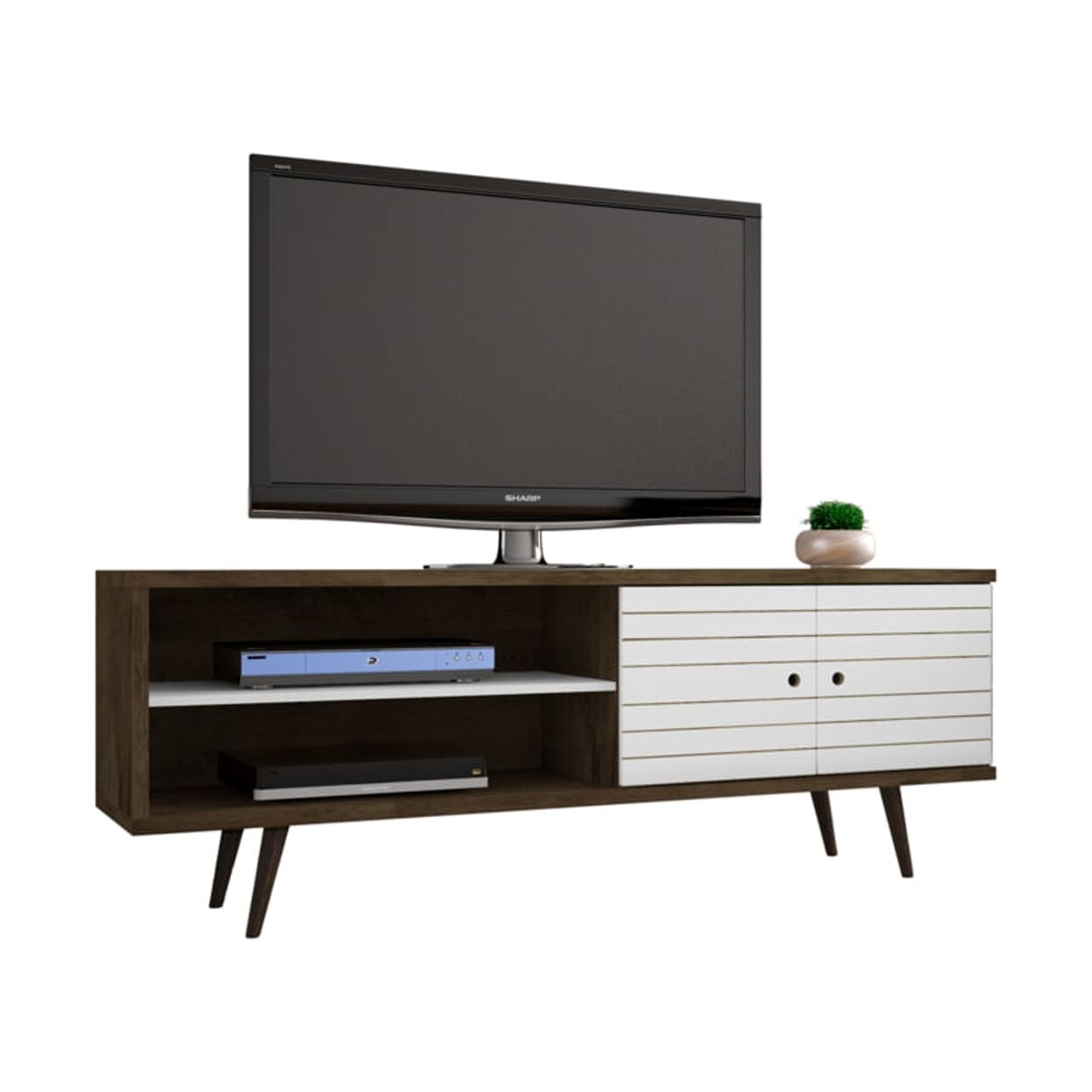 201AMC96 Liberty 62.99 in. Mid Century - Modern TV Stand with Solid Wood Leg 3 Shelves & 2 Doors in Rustic Brown & White
