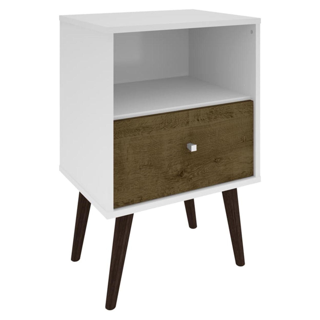 203AMC69 Liberty Mid Century - Modern Nightstand 1 with Solid Wood Leg 1 Cubby Space & 1 Drawer in White & Rustic Brown