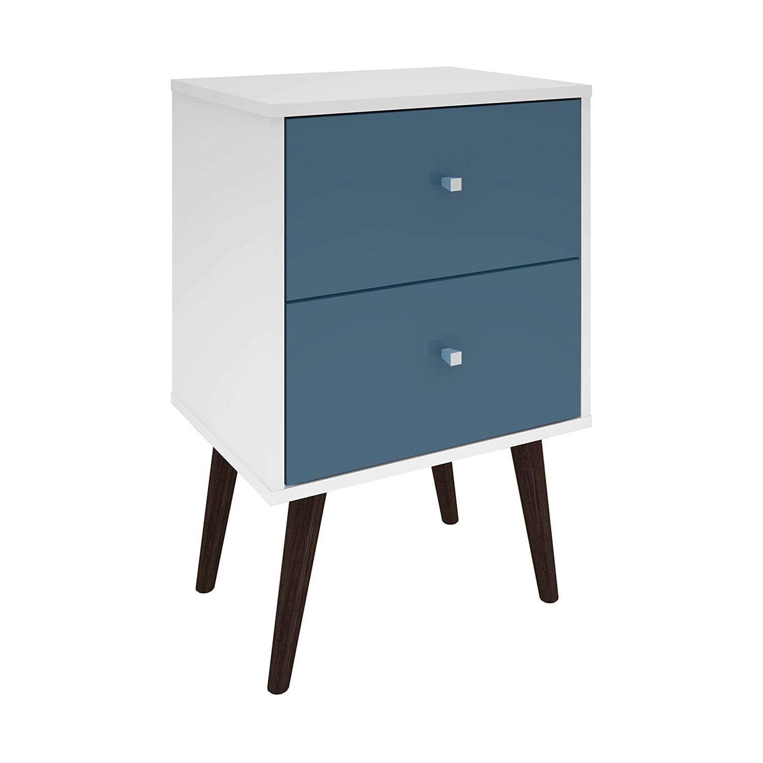 Liberty Mid Century - Modern Nightstand 2 with Solid Wood Leg 2 Full Extension Drawers in White & Aqua Blue