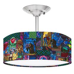 Picture of 888 Cool Fans DR-0001182 Beauty & the Beast Stained Glass Print Brushed Nickel Drum LED Lamp Fixture