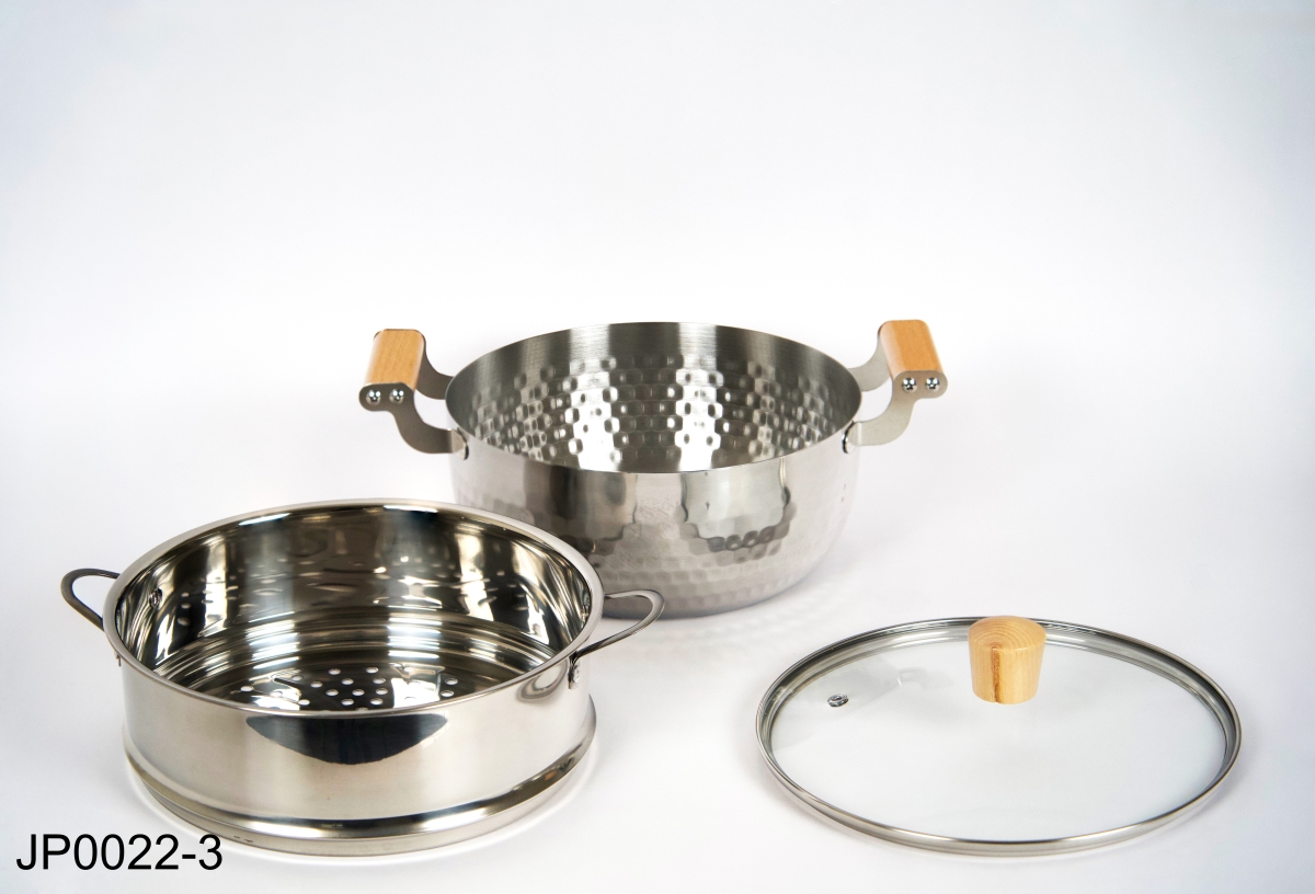 JP0022-3 22cm 3-in-1 Stackable Stainless Steel Steamer Set with Glass Lid, Steamer Tier & Yukihira Pot