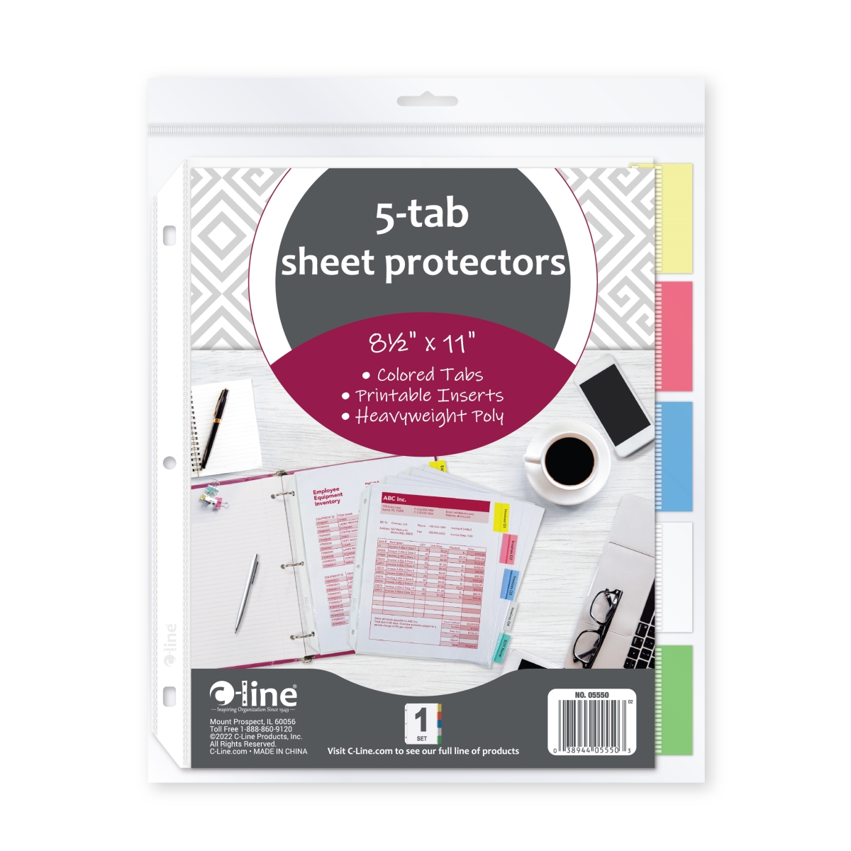 C-Line Products 05550-BX 8.5 x 11 in. Polypropylene Sheet Protector with Index Tabs - Assorted Color - 5 per Set - Set of 12