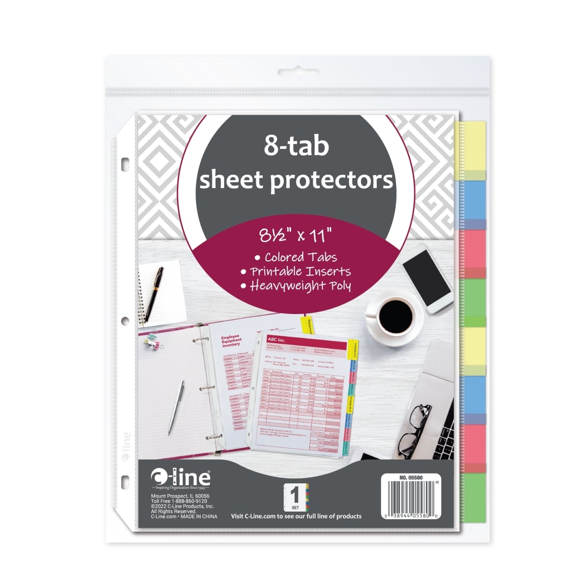 C-Line Products 05580-BX 8.5 x 11 in. Polypropylene Sheet Protector with Index Tabs, Assorted Color - 8 per Set - Set of 10