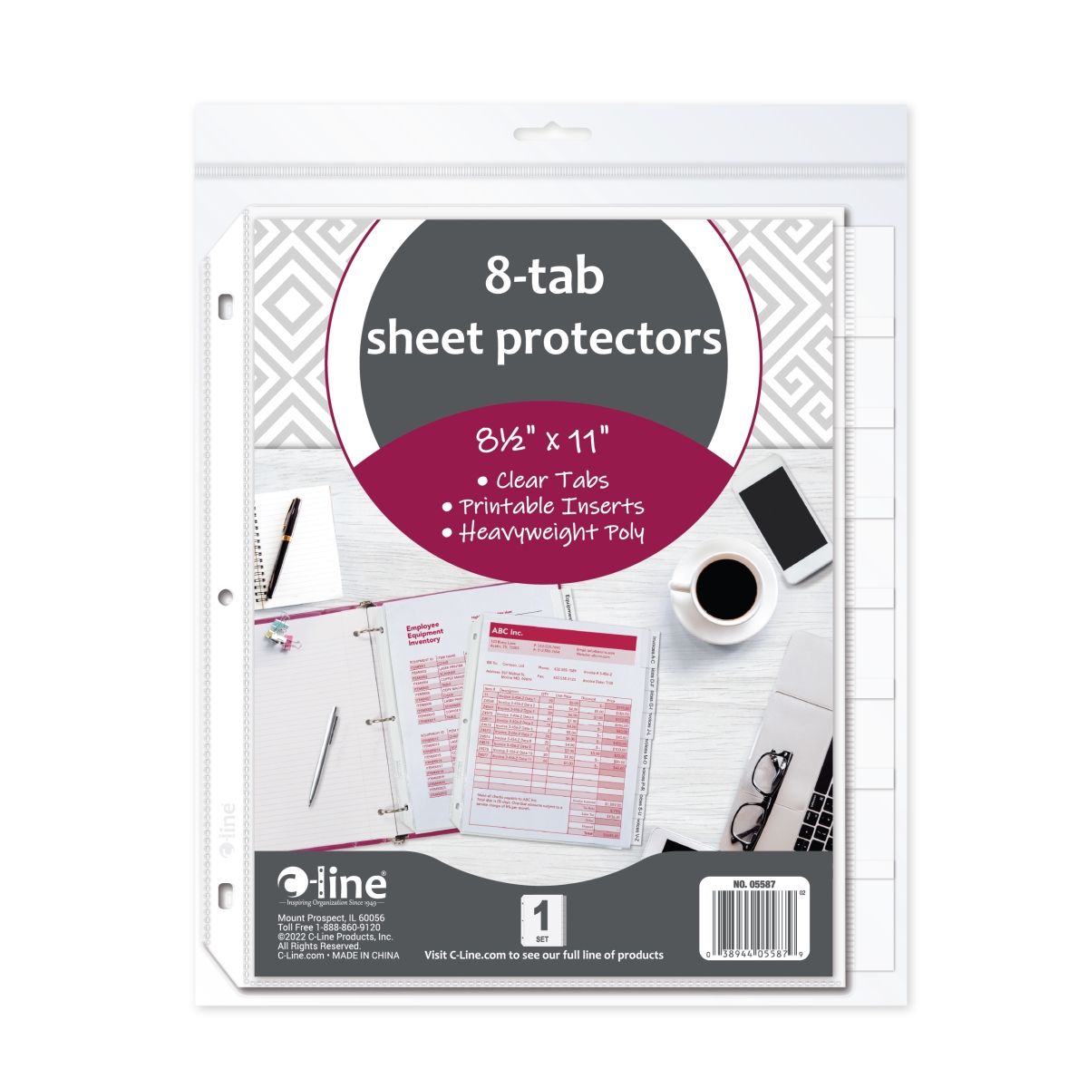 C-Line Products 05587-BX 8.5 x 11 in. Polypropylene Sheet Protector with Index Tabs, Clear - 8 per Set - Set of 10