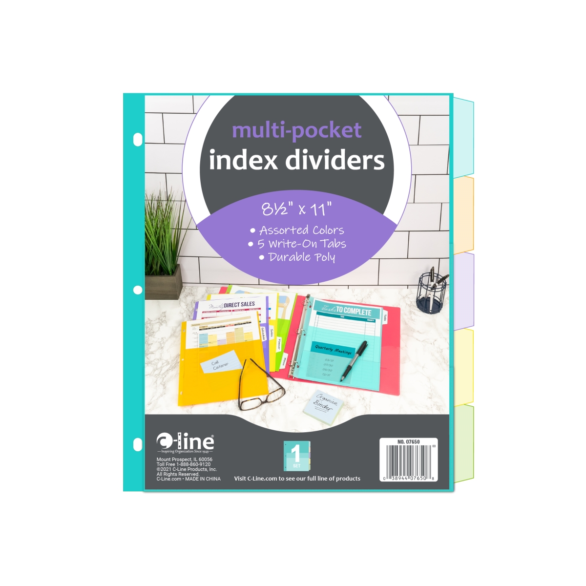 C-Line Products 07650-BX 8.5 x 11 in. 5-Tab Index Dividers with Multi-Pockets, Bright Color Assortment - 5 per Set - Set of 12