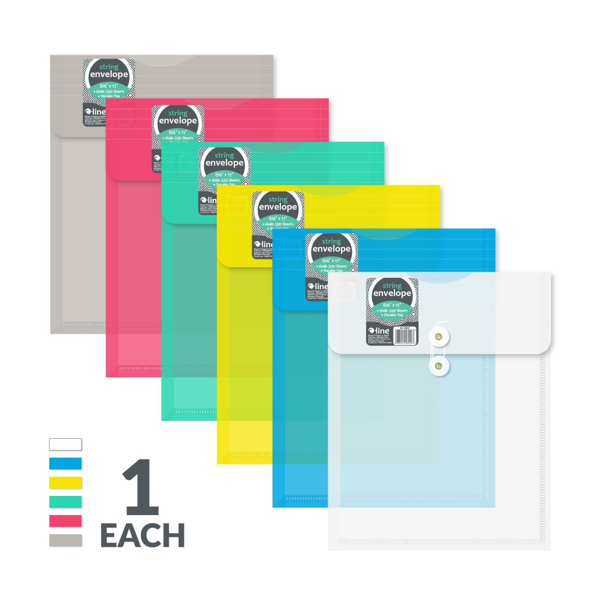 C-Line Products 58020-DS 8.5 x 11 in. Reusable Poly Envelope with String Closure - Top Load, Assorted Color - Set of 24