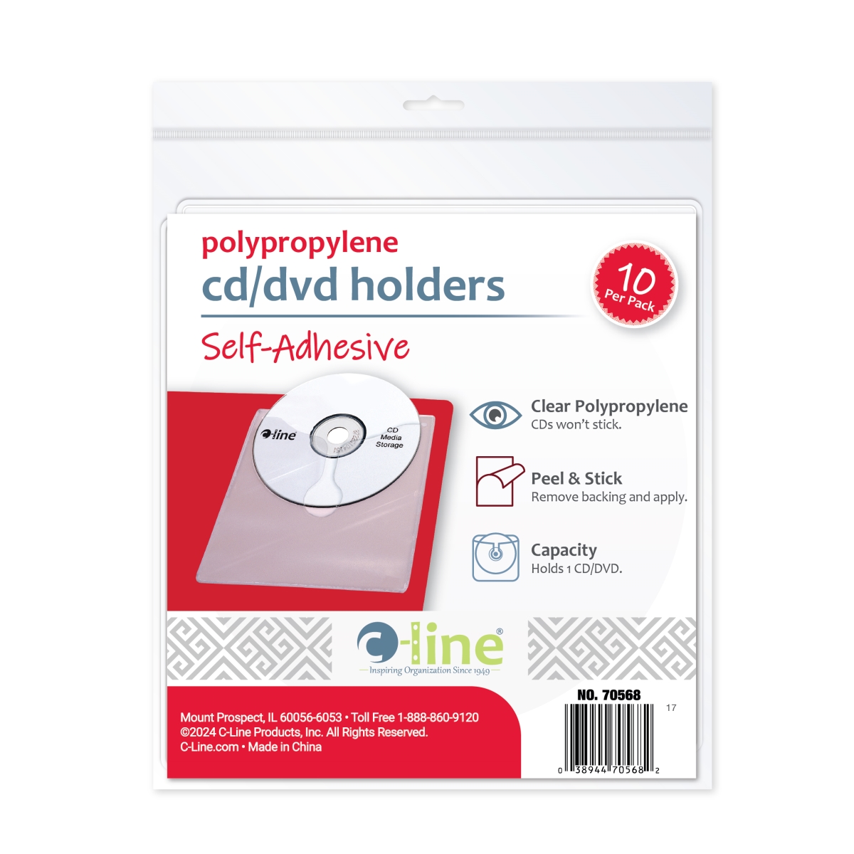 C-Line Products 70568-BX 5.33 x 5.67 in. Self-Adhesive CD Holder - 10 per Pack - Set of 5