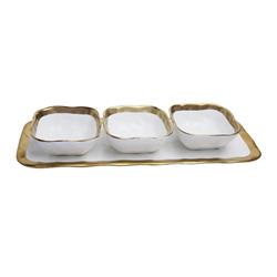 Picture of Classic Touch WPR2029 White Porcelain Relish Dish with 3 Square Bowls with Gold Trim