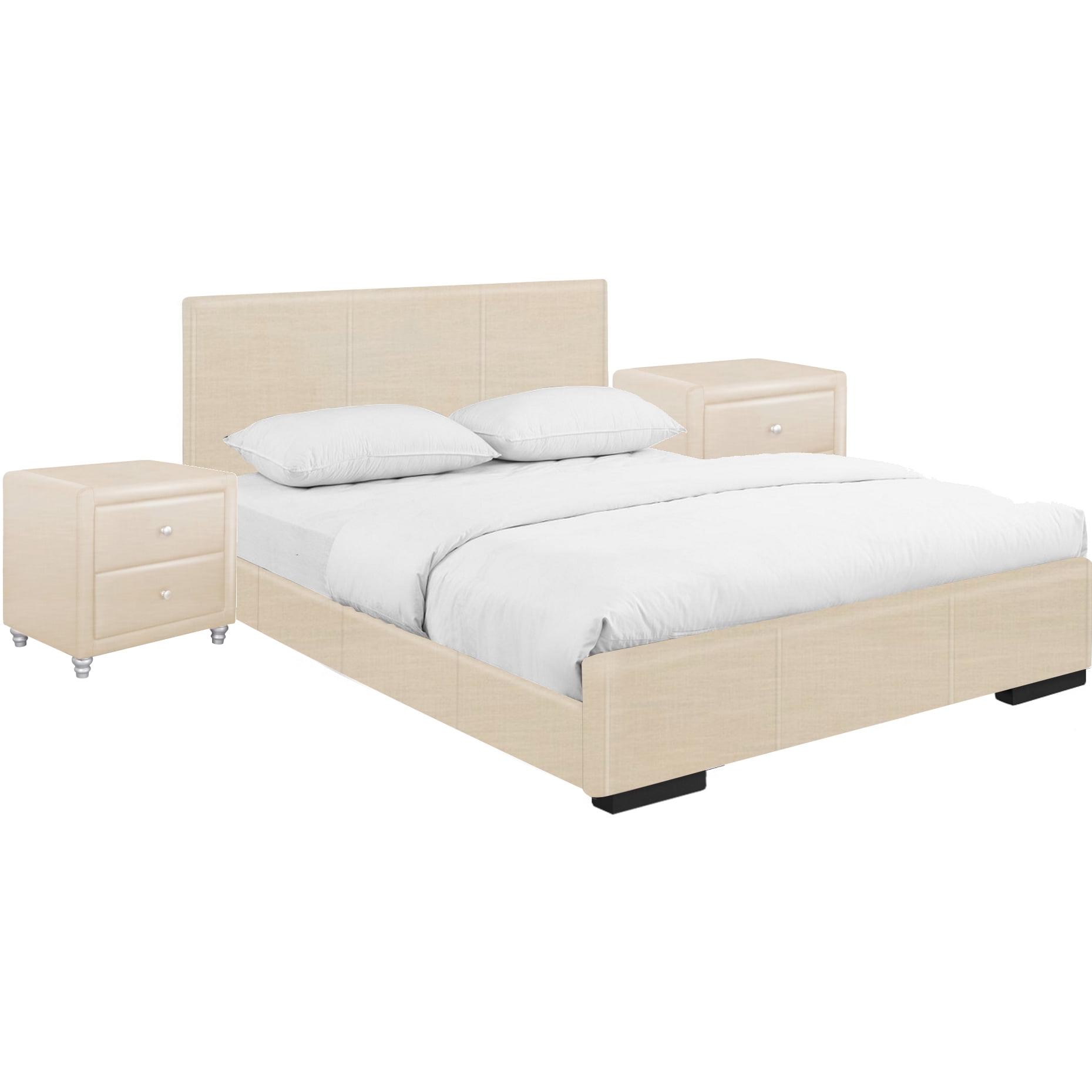 86953 Hindes Upholstered Platform Bed, Beige - Queen Size with 2 Nightstands -  Camden Isle