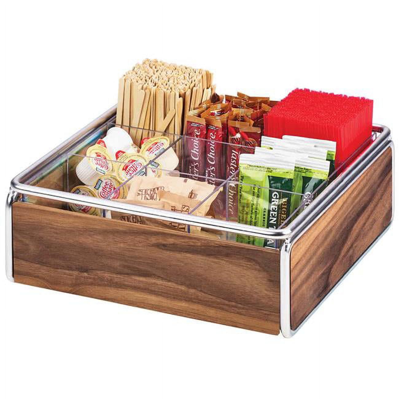 Picture of Cal Mil 3707-49 Mid-Century 9 Compartment Wood Condiment Organizer with Chrome Accents - 12 x 12 x 4.5 in.