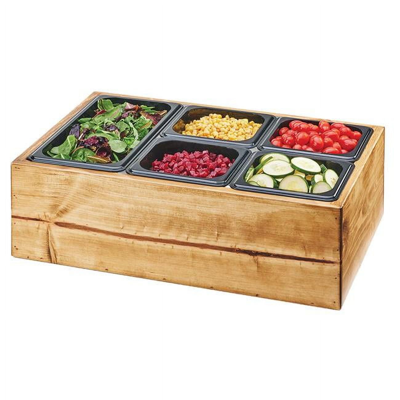 Picture of Cal Mil 3585-99 Madera Reclaimed Wood Salad Station with Clear Ice Liner & 5 Black Pans - 22 x 14 x 7 in.