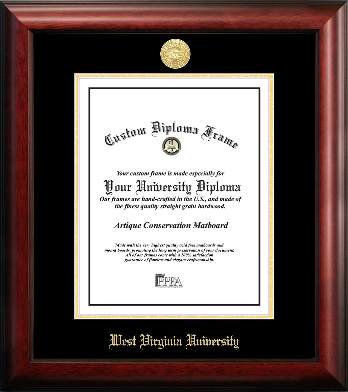 14 x 11 in. West Virginia University Gold Embossed Diploma Satin Mahogany Frame