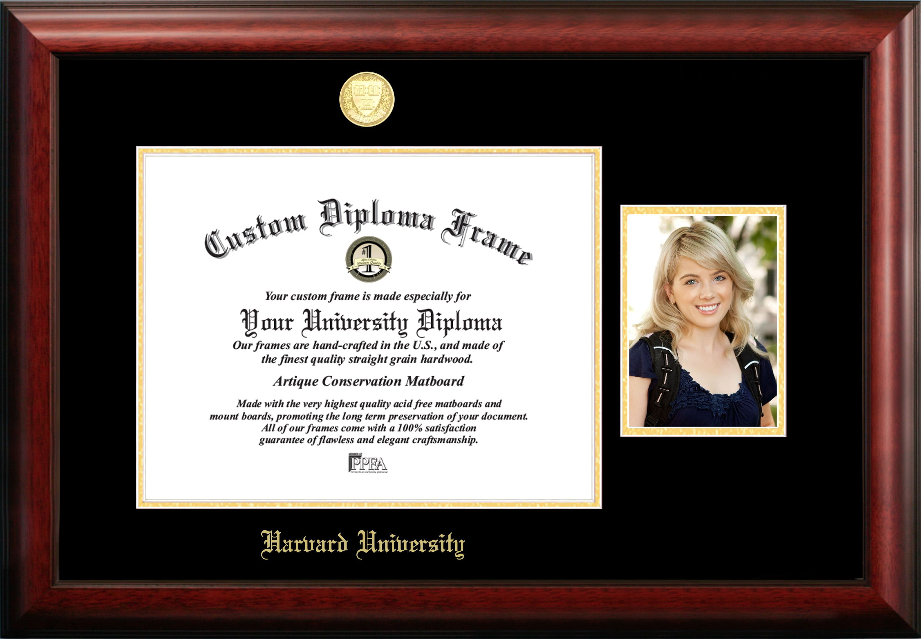 MA992PGED-1411 14 x 11 in. Harvard University Gold Embossed Diploma Frame with 5 x 7 in. Portrait - Satin Mahogany