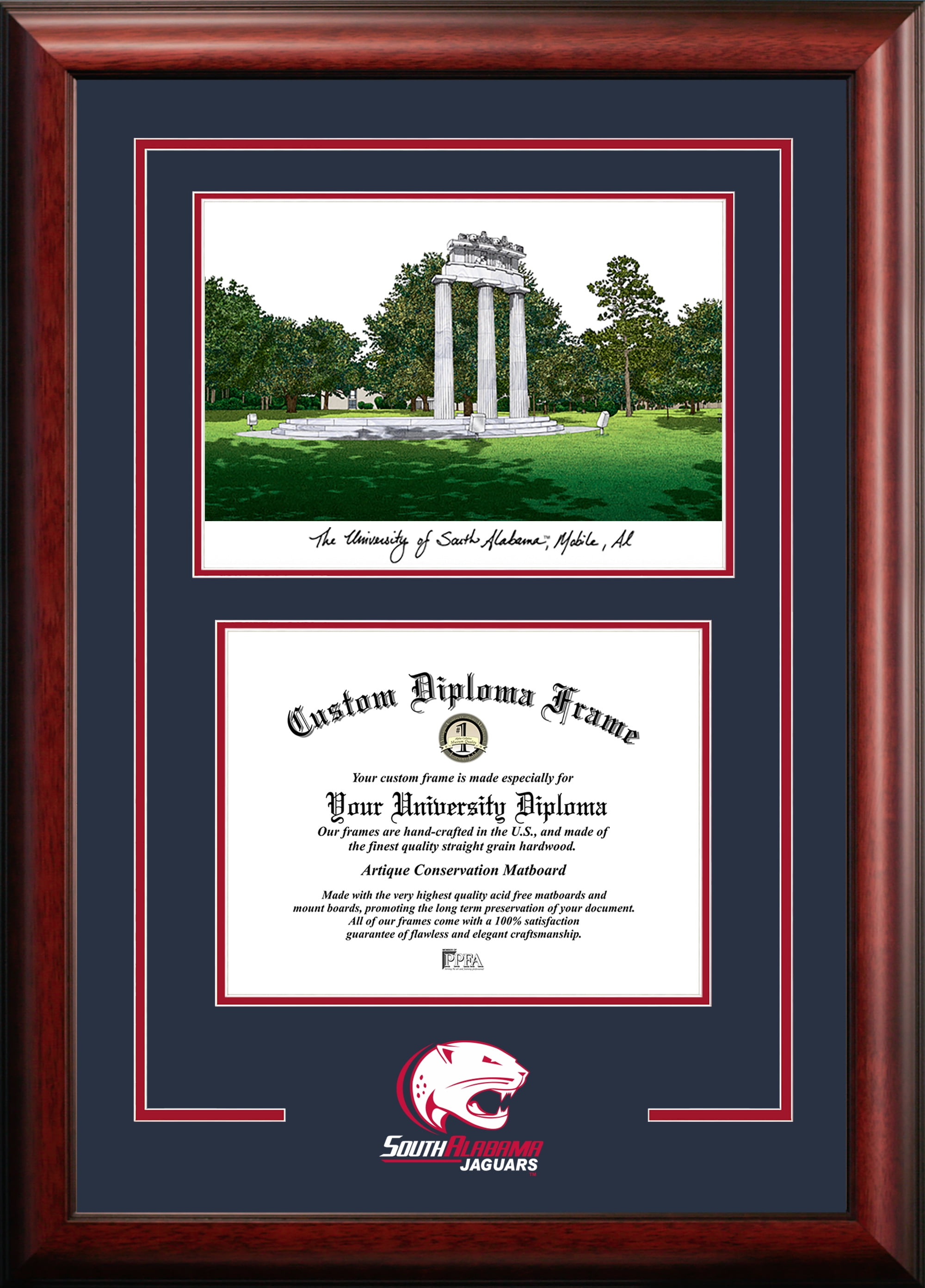 Picture of Campus Images AL991SG-1185 8.5 x 11 in. South Alabama Jaguars Spirit Graduate Diploma Satin Mahogany Frame