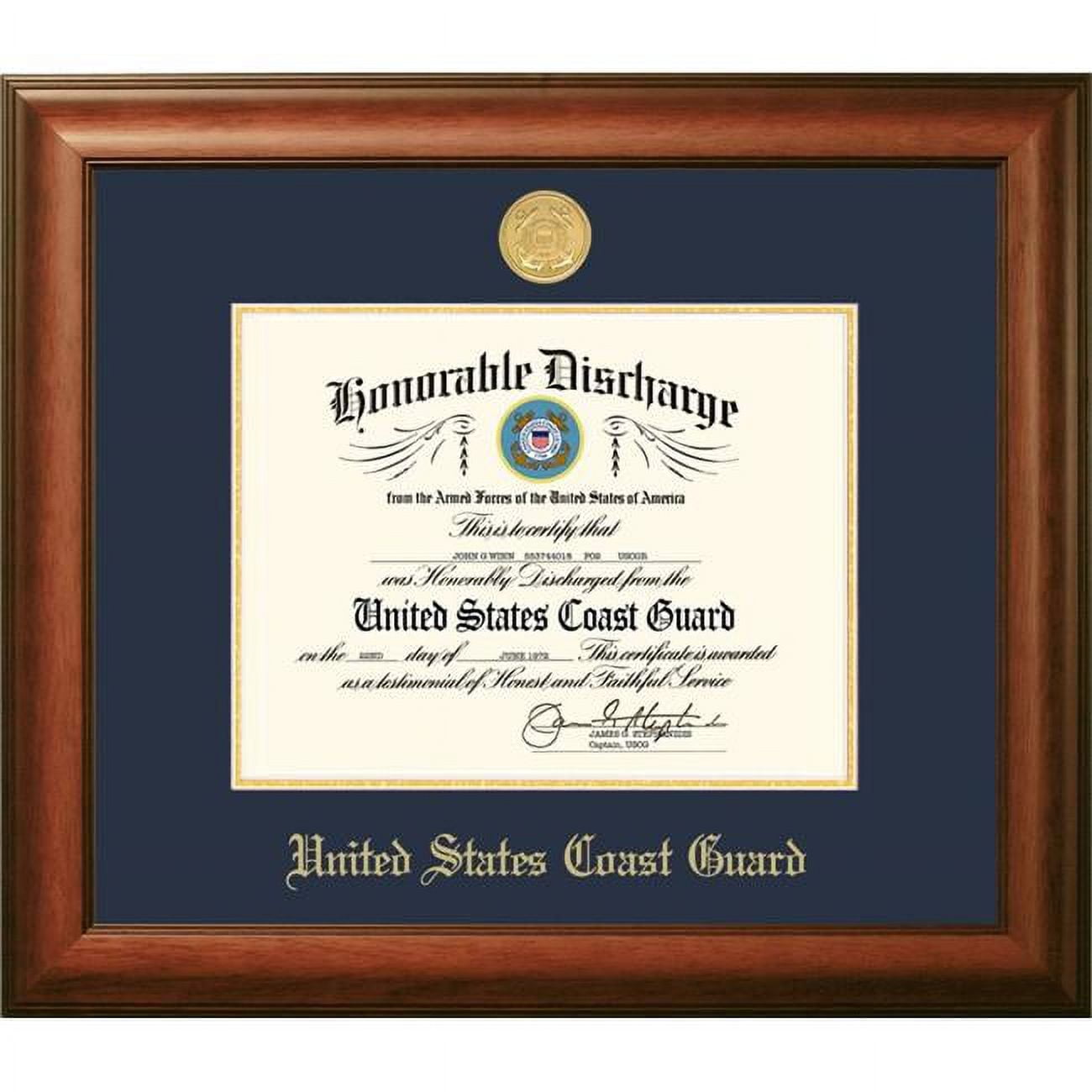 CGDSW002 8.5 x 11 in. Patriot Frames Coast Guard Discharge Satin Walnut Frame with Gold Medallion