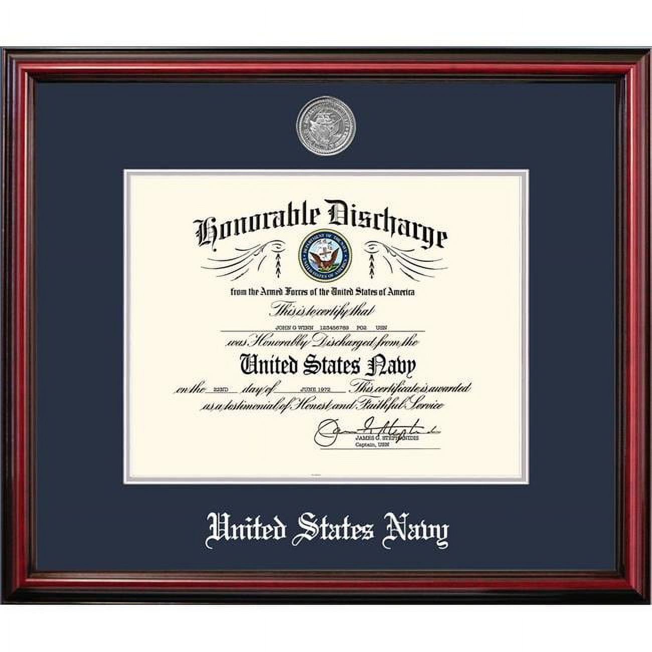 8.5 x 11 in. Patriot Frames Navy Discharge Petite Cherry Frame with Silver Medallion