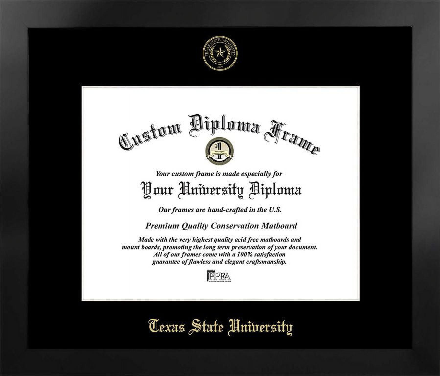 TX956MBSGED1411 11 x 14 in. Texas State University San Marcos Single Embossed Diploma Frame with Bonus  Lithograph, Manhattan Black & Mat Gold